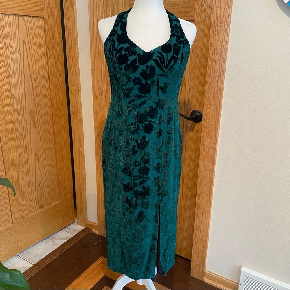 CDC Vintage Velvet Burnout Floral Maxi Dress Green V-Neck 90s 10 Petite Prom